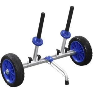 Chariot de transport pour kayak paddle canoë - largeur réglable - béquille, 2 grandes roues - alu. bleu noir 75x37x58cm Bleu