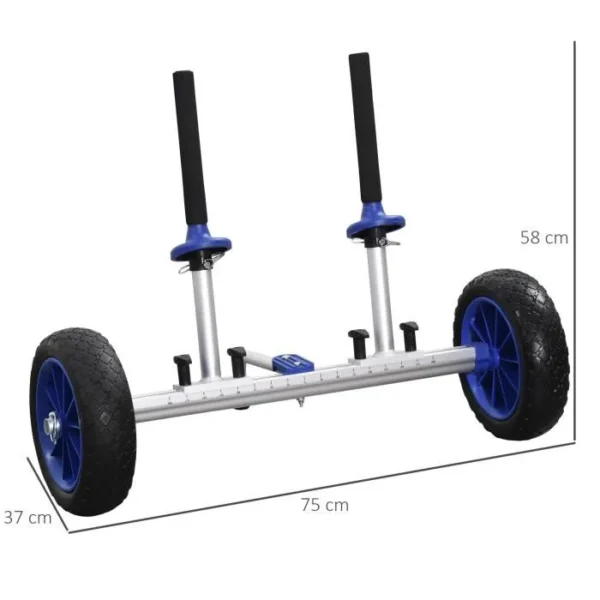 Chariot de transport pour kayak paddle canoë - largeur réglable - béquille, 2 grandes roues - alu. bleu noir 75x37x58cm Bleu – Image 3