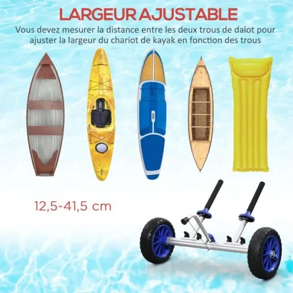 Chariot de transport pour kayak paddle canoë - largeur réglable - béquille, 2 grandes roues - alu. bleu noir 75x37x58cm Bleu – Image 4